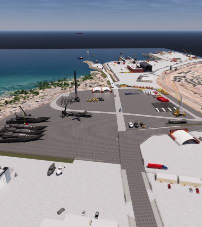 Concept render of Marine Industry Park showing planned marine infrastructure, hardstand areas and port facilities